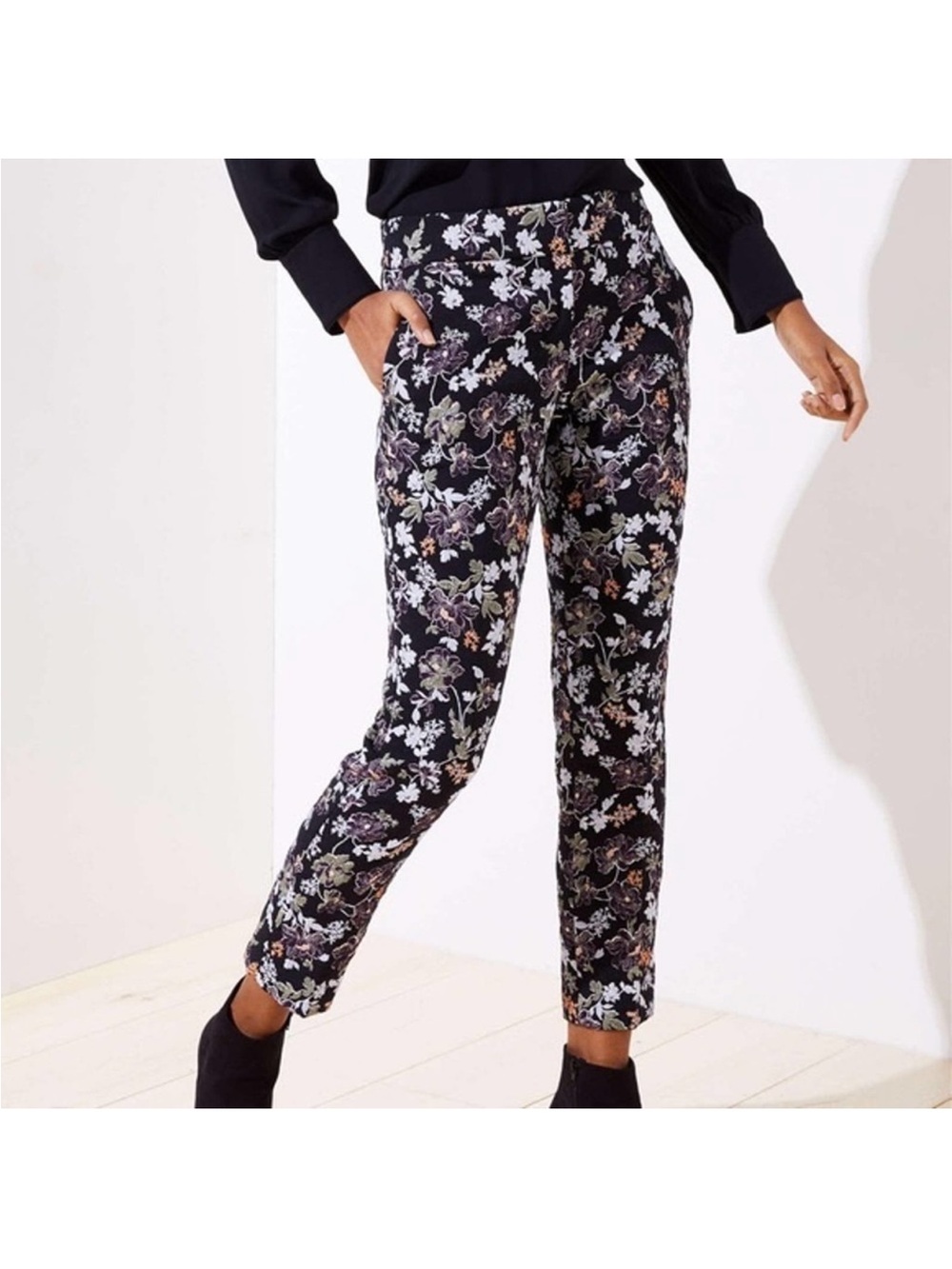 Loft black embroidered floral Marisa pants.‎